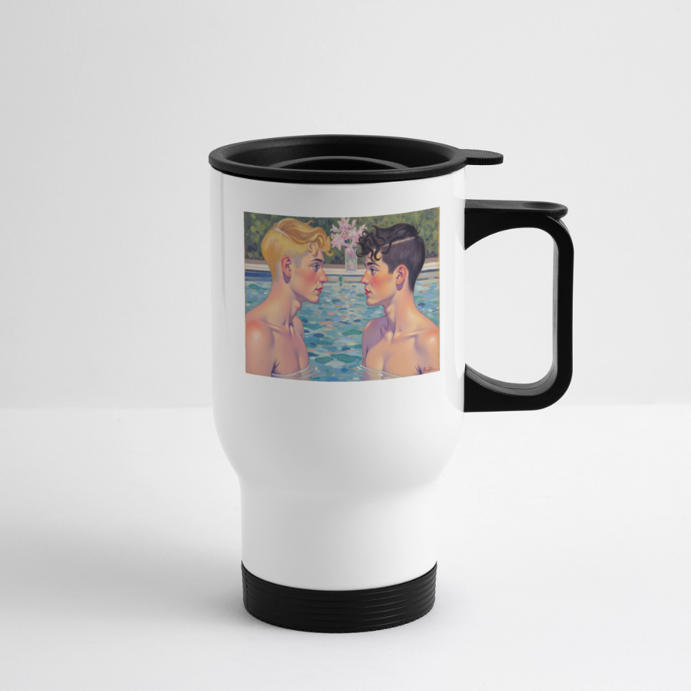 Thermobecher mit Tragegriff, Jungs im Pool - Weiß