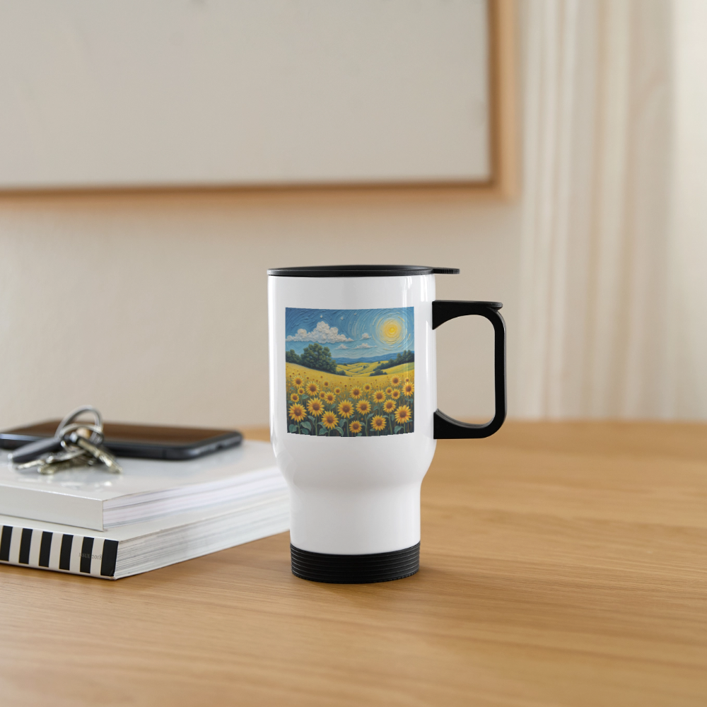 Thermobecher mit Tragegriff, Sonnenblumen - Weiß