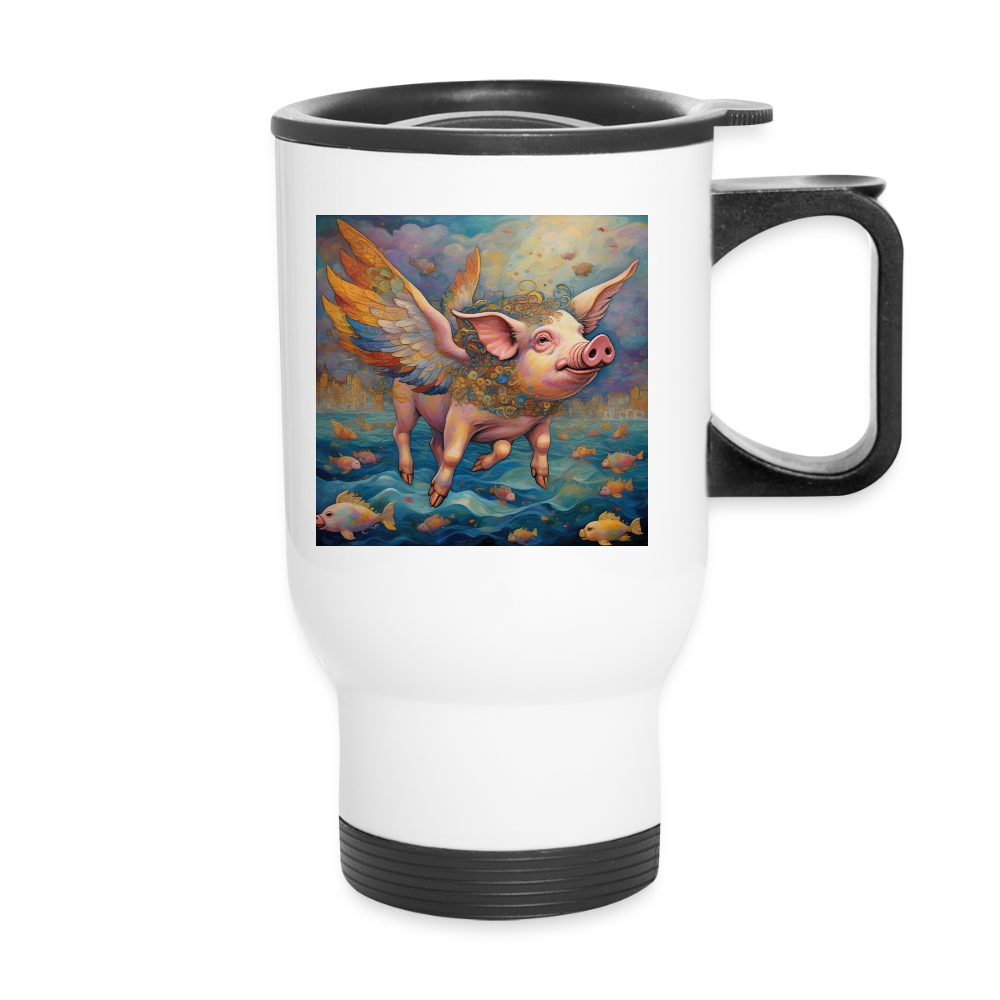 Thermobecher mit Tragegriff, Das fliegende Schwein bei den Fischen - Weiß
