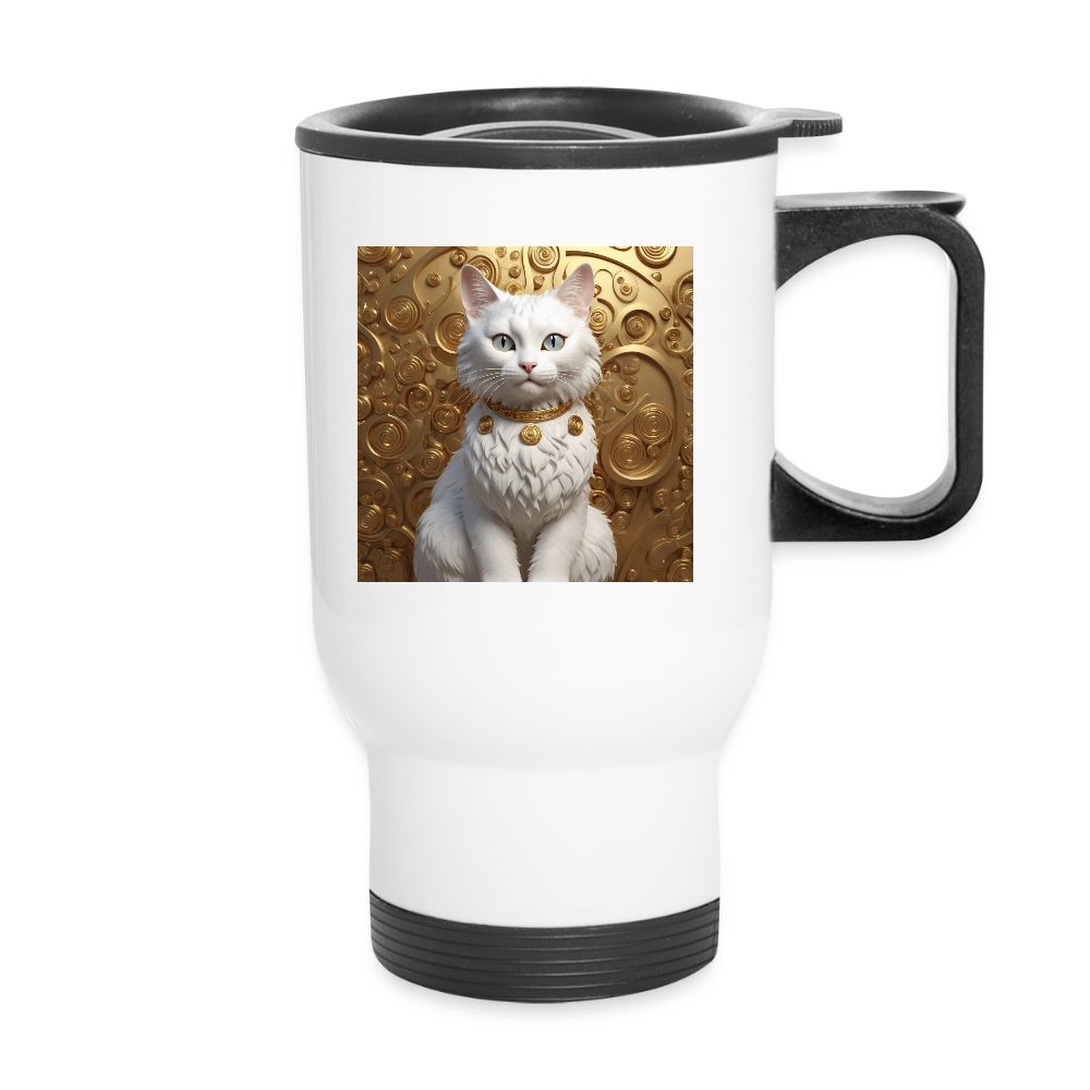 Thermobecher mit Tragegriff, Katze vor Gold - Weiß