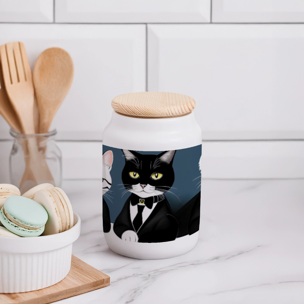 Keksdose mit Holzdeckel, 3 grafische Katzen - Weiß
