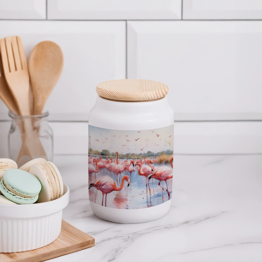 Keksdose mit Holzdeckel, Flamingos - Weiß