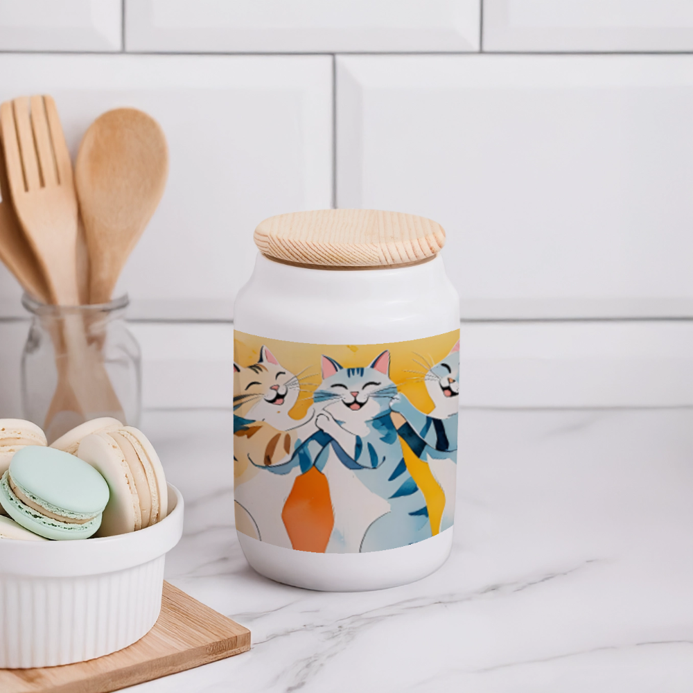 Keksdose mit Holzdeckel, 3 lustige Katzen - Weiß