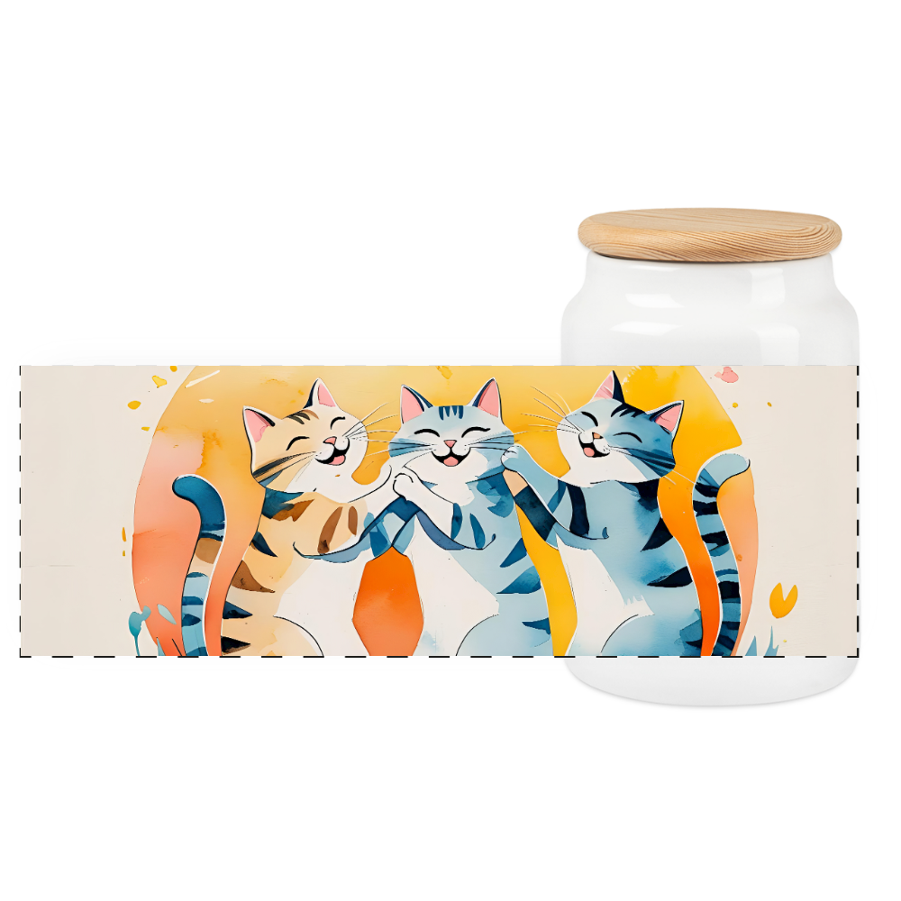 Keksdose mit Holzdeckel, 3 lustige Katzen - Weiß