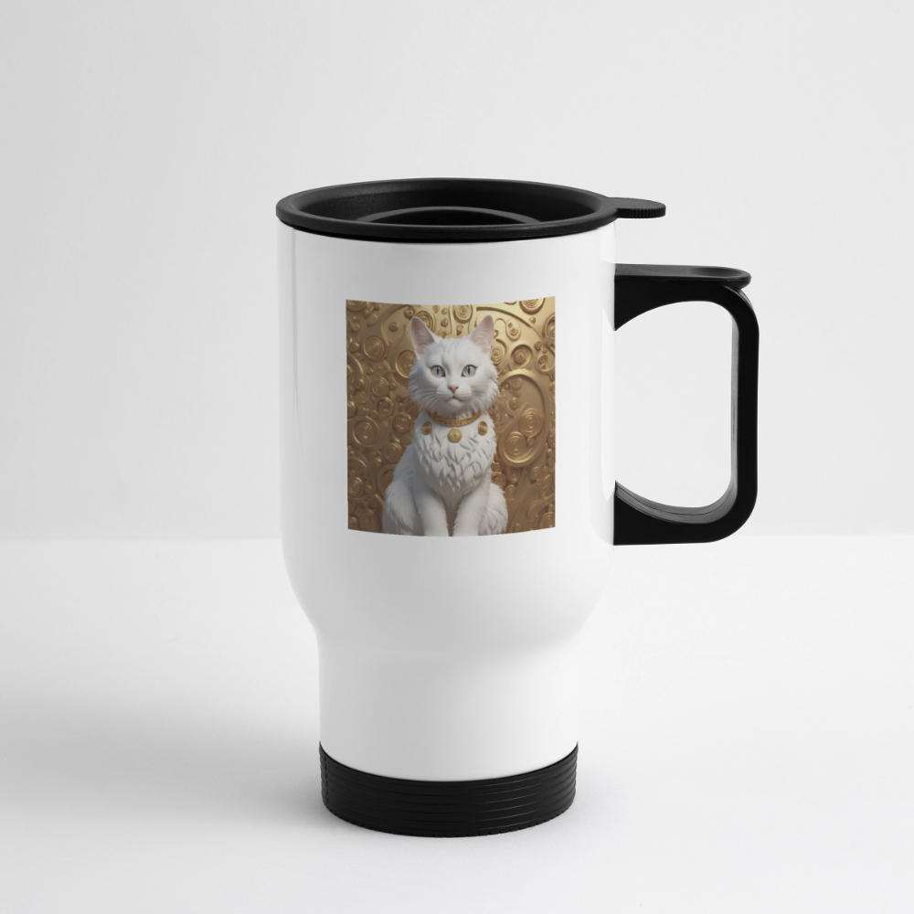 Thermobecher mit Tragegriff, Katze vor Gold - Weiß