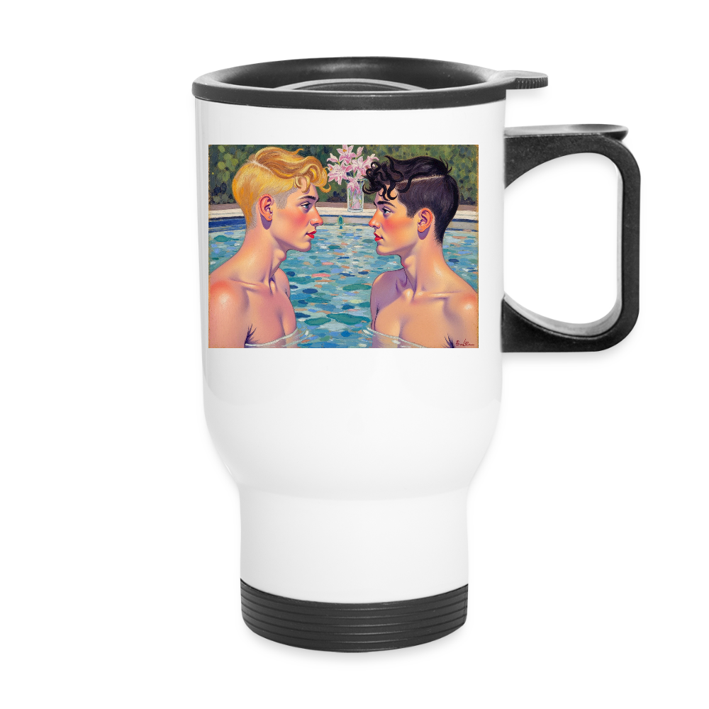 Thermobecher mit Tragegriff, Jungs im Pool - Weiß