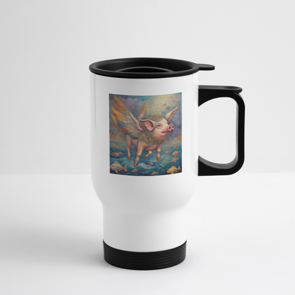 Thermobecher mit Tragegriff, Das fliegende Schwein bei den Fischen - Weiß