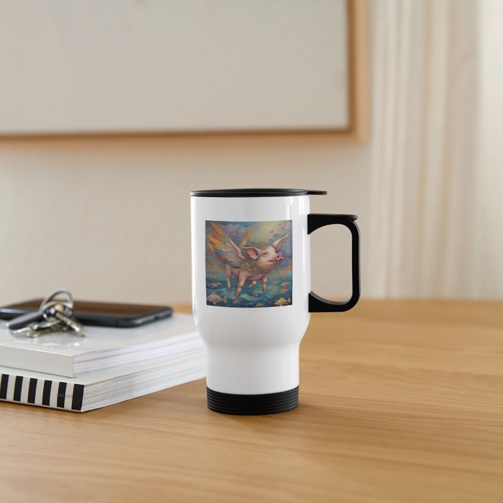 Thermobecher mit Tragegriff, Das fliegende Schwein bei den Fischen - Weiß