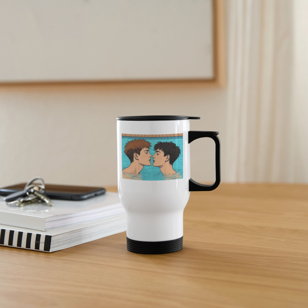 Thermobecher mit Tragegriff, Jungs im Pool 2 - Weiß