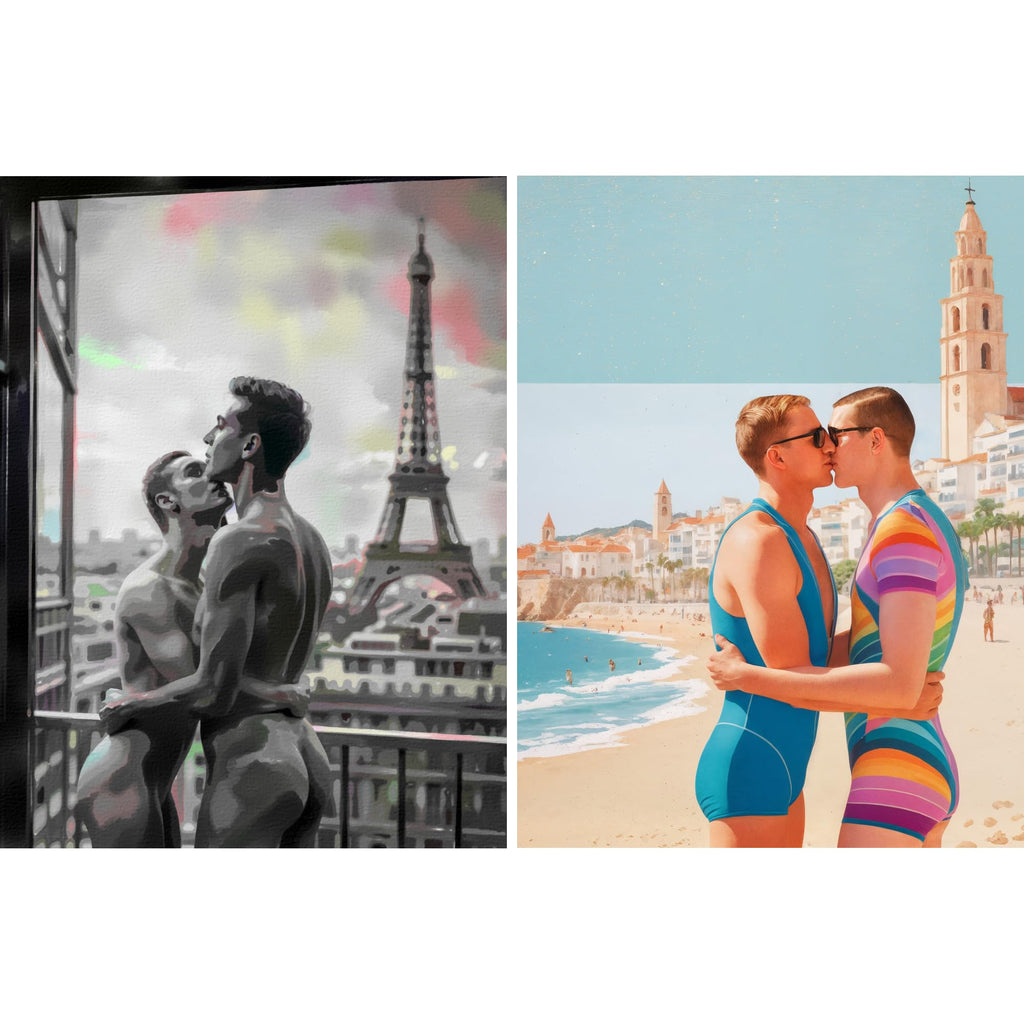 GALERIE SCHÖNE KÜNSTE - Best of Poster #1 - 2 Gay Premium Poster aufregendes Bundle Top-Preis - Schwule Paare in Paris und nostalgisch am Strand in Sitges - Jedes Poster ohne Rahmen 50x70 cm